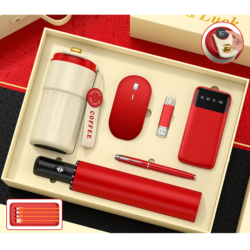 Luxury Business Coffee Cup Gift Box Set with Umbrella Massage Gun Customized Logo Wireless Mouse Charger Corporate Gift Sets