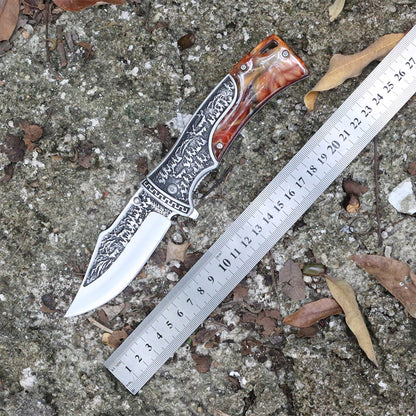 Willia DIY Self-Defense Folding Bowie Pocket Knife Floral Carved Wood Handle 3cr13 Steel Blade Clip Point 0.35mm Thickness OEM