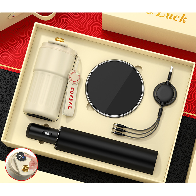Luxury Business Coffee Cup Gift Box Set with Umbrella Massage Gun Customized Logo Wireless Mouse Charger Corporate Gift Sets