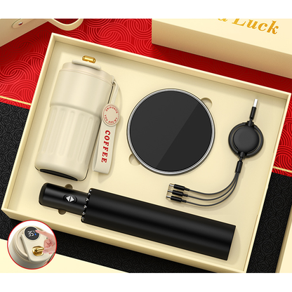 Luxury Business Coffee Cup Gift Box Set with Umbrella Massage Gun Customized Logo Wireless Mouse Charger Corporate Gift Sets