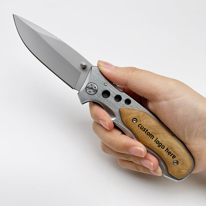 Wholesale Knives 4.5 Inch Aluminum Wood Handle Drop Point Outdoor EDC Folding Pocket Knife for Engraving