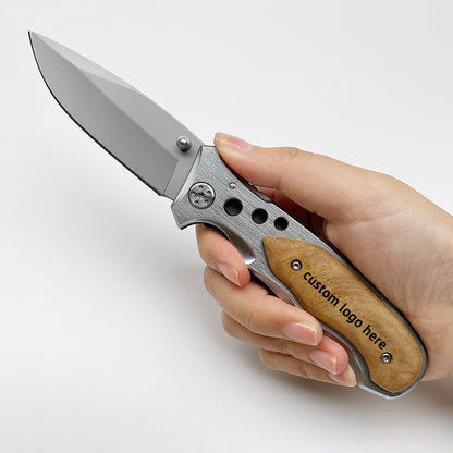 Wholesale Knives 4.5 Inch Aluminum Wood Handle Drop Point Outdoor EDC Folding Pocket Knife for Engraving