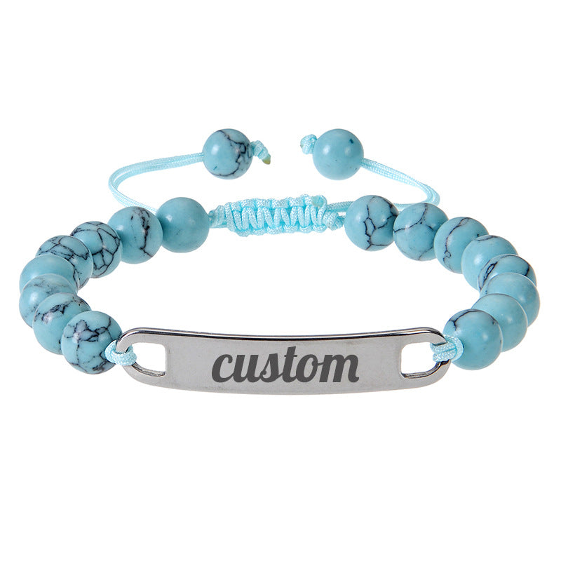 Stainless Steel Curved Plate Lettering Powder Zebra Stone Beaded Custom Name Bracelet