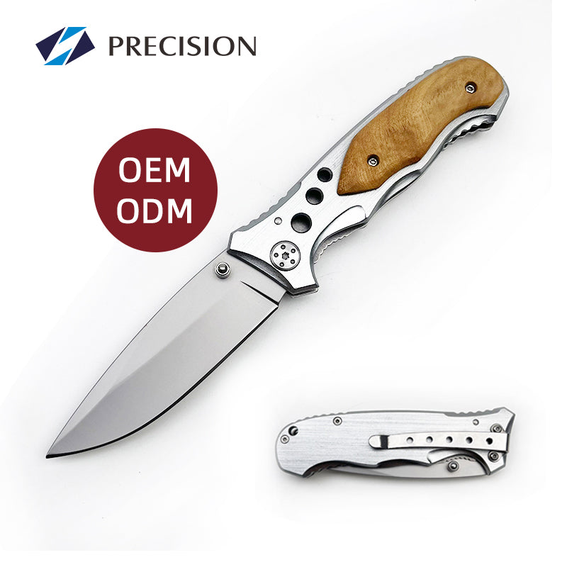 Wholesale Knives 4.5 Inch Aluminum Wood Handle Drop Point Outdoor EDC Folding Pocket Knife for Engraving