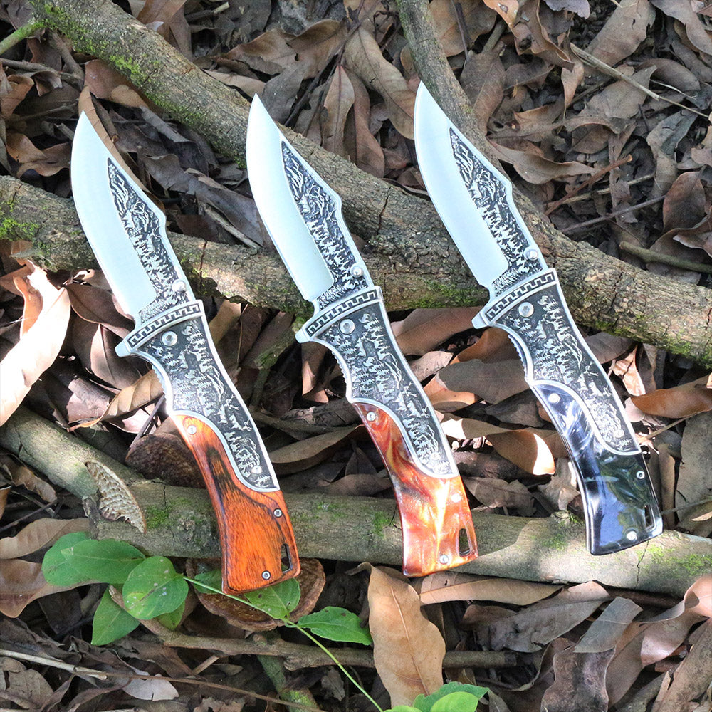 Willia DIY Self-Defense Folding Bowie Pocket Knife Floral Carved Wood Handle 3cr13 Steel Blade Clip Point 0.35mm Thickness OEM
