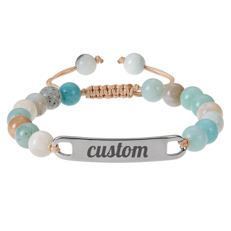 Stainless Steel Curved Plate Lettering Powder Zebra Stone Beaded Custom Name Bracelet