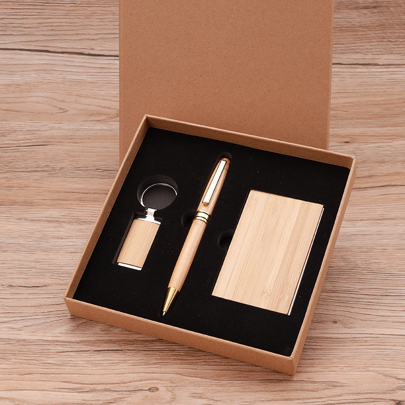 Runwood 2026 Custom Bamboo Wood Gift Set with Keychain Ballpoint Pen Business Card Box Promotional Activities Business Gift Set