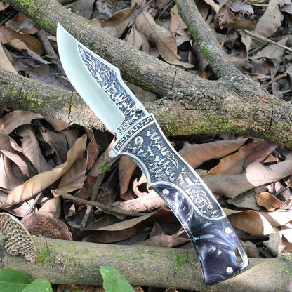 Willia DIY Self-Defense Folding Bowie Pocket Knife Floral Carved Wood Handle 3cr13 Steel Blade Clip Point 0.35mm Thickness OEM