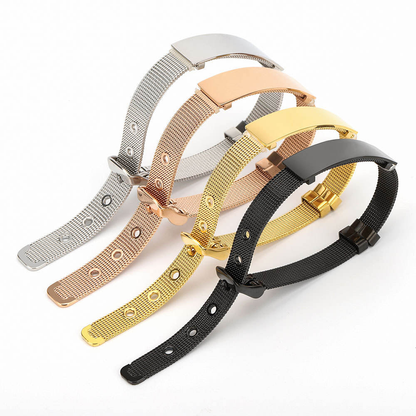 Men's Customized Text Bracelet Polished Bar Bangle Stainless Steel Lettering Bangle Mesh Chain Adjustable Strap