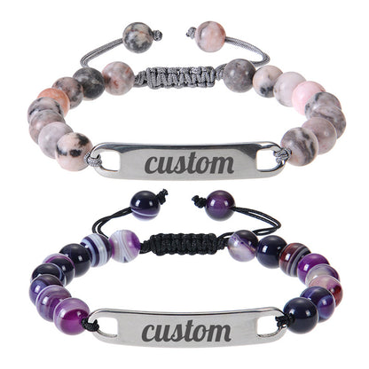 Stainless Steel Curved Plate Lettering Powder Zebra Stone Beaded Custom Name Bracelet