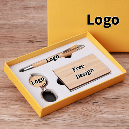 Runwood 2026 Custom Bamboo Wood Gift Set with Keychain Ballpoint Pen Business Card Box Promotional Activities Business Gift Set