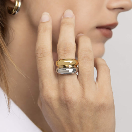 18K Gold PVD Stainless Steel Mixed Metal Side By Side Ring / KSS0024