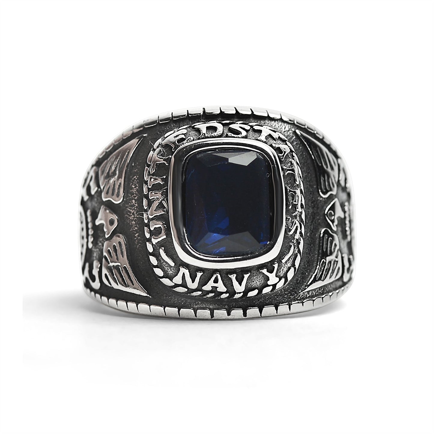 Stainless Steel United States Navy Military Men's Ring with Blue Stone / MCR3068