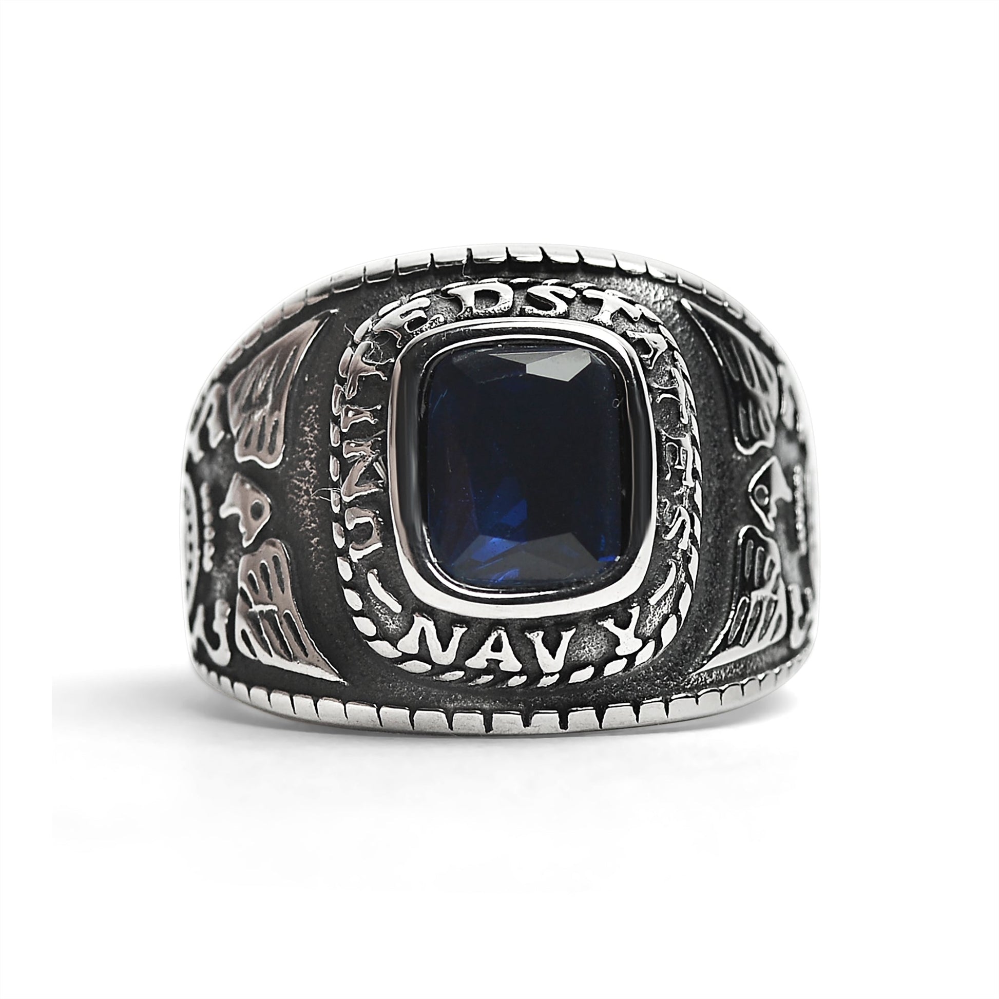 Stainless Steel United States Navy Military Men's Ring with Blue Stone / MCR3068