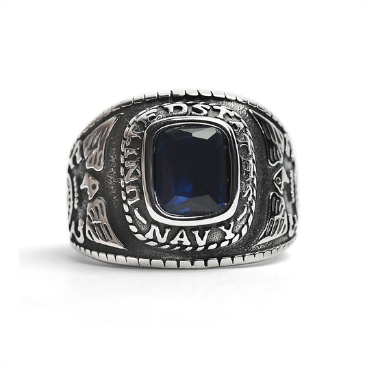 Stainless Steel United States Navy Military Men's Ring with Blue Stone / MCR3068