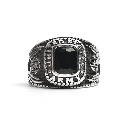 Stainless Steel United States Army Military Men's Ring with Black Stone / MCR3069