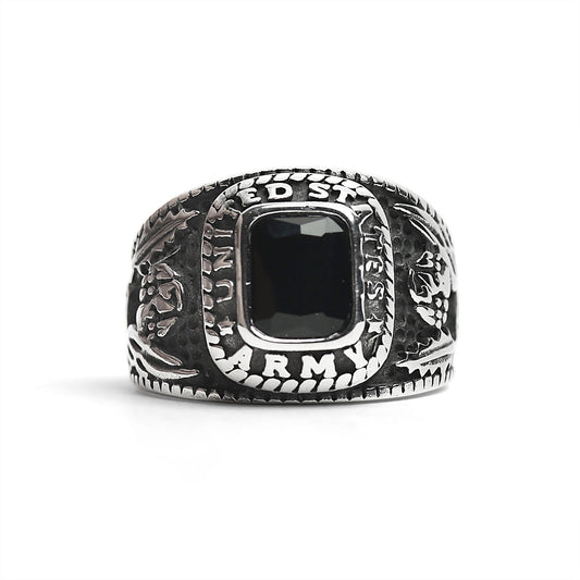 Stainless Steel United States Army Military Men's Ring with Black Stone / MCR3069