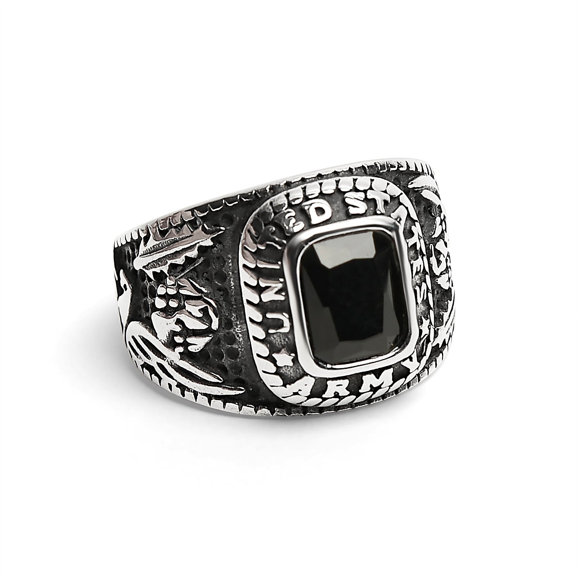 Stainless Steel United States Army Military Men's Ring with Black Stone / MCR3069