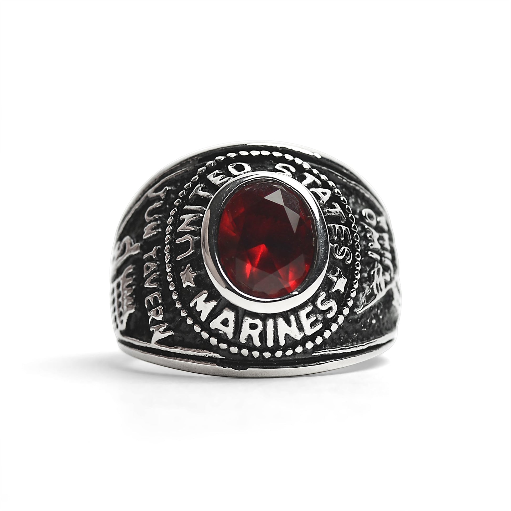 Stainless Steel United States Marine Corp Military Women's Ring with Red Stone / MCR4070