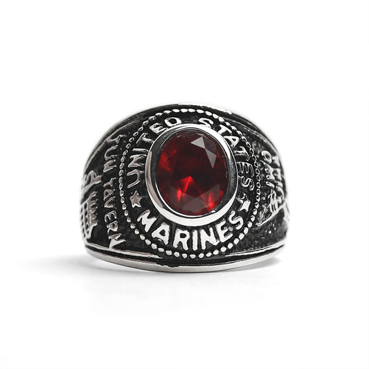 Stainless Steel United States Marine Corp Military Women's Ring with Red Stone / MCR4070