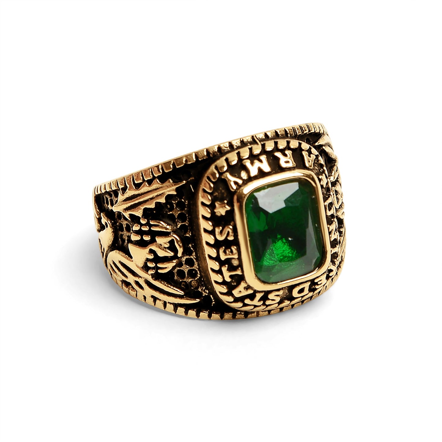 18K Gold PVD Stainless Steel United States Army Green Center Stone Ring / MCR6005