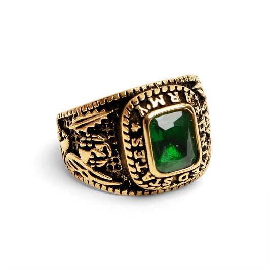 18K Gold PVD Stainless Steel United States Army Green Center Stone Ring / MCR6005