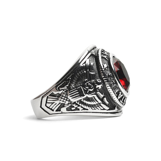 Stainless Steel United States Army Red Center Stone Ring / MCR6006