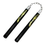 12 inch Black Finish Wood Nunchaku with Gold Dragon Graphics