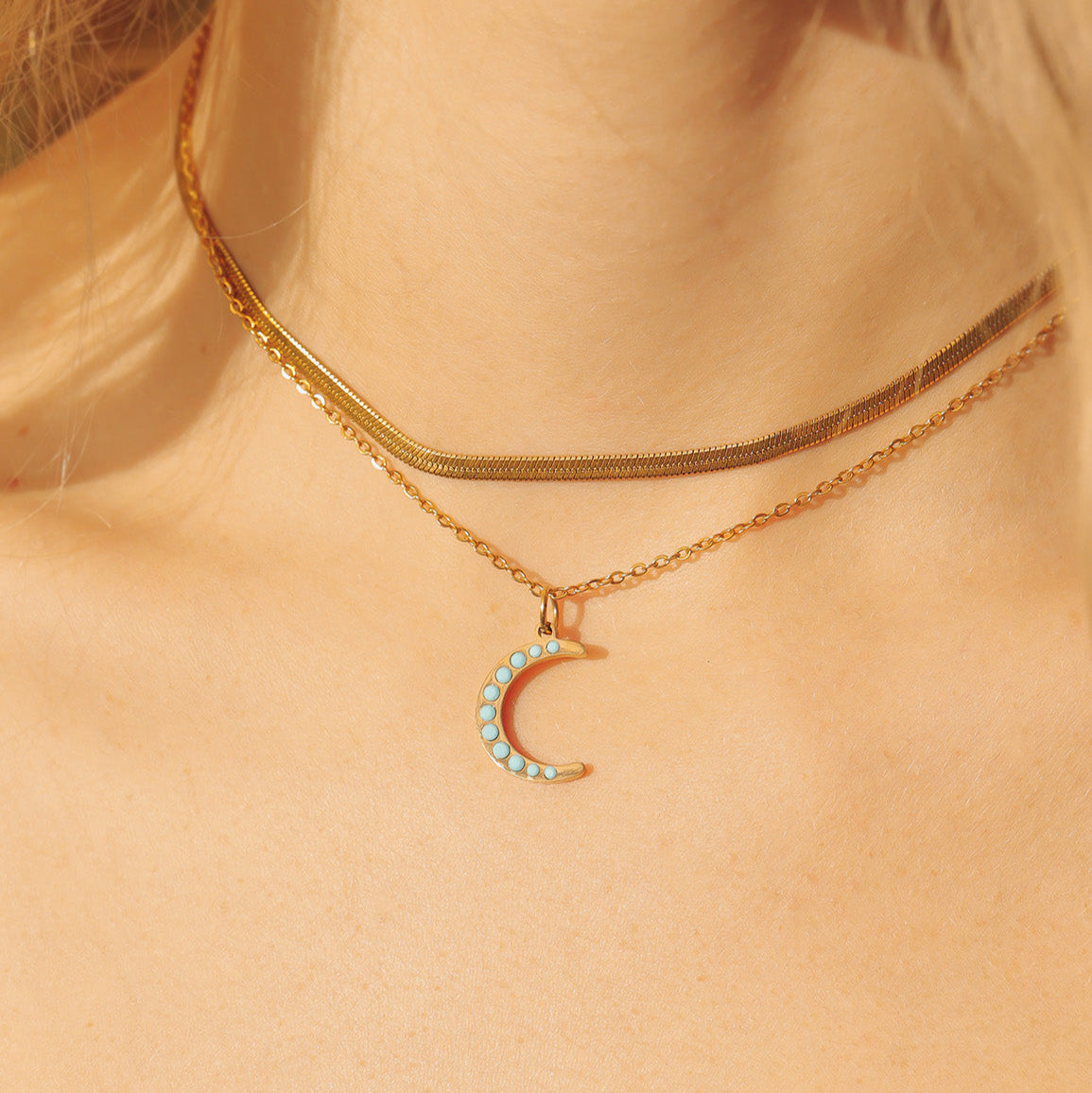 18K Gold PVD Stainless Steel Turquoise Stone Moon Charm / PDL0229