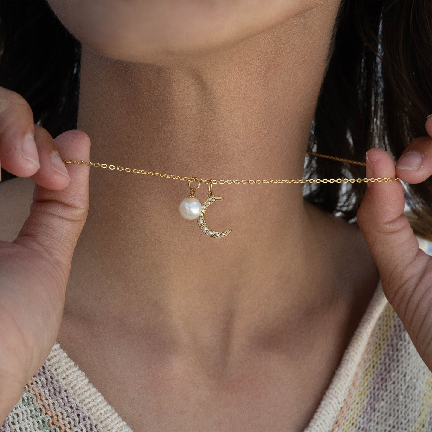 18K Gold PVD Stainless Steel Pearl Moon Charm / PDL0250