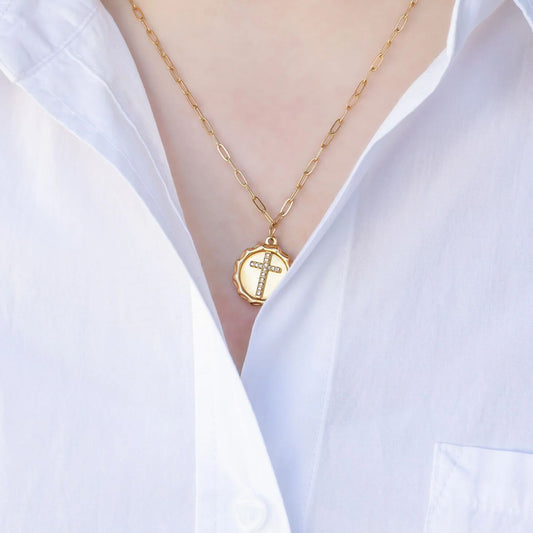 18K Gold PVD Stainless Steel Stone Cross Pendant / PDL0357
