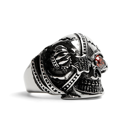 Stainless Steel Skull With Red CZ Eye and Eyepatch Ring / SCR2001