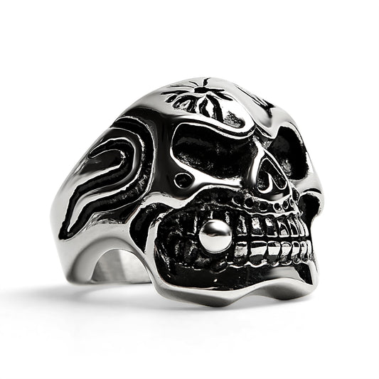 Stainless Steel Polished Skull With Cigar Ring / SCR2003