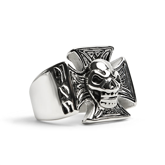 Stainless Steel Polished Skull Maltese Cross Ring / SCR2060