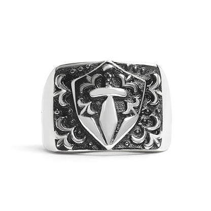 Stainless Steel Sword And Fleur De Lis Signet Ring / SCR2218