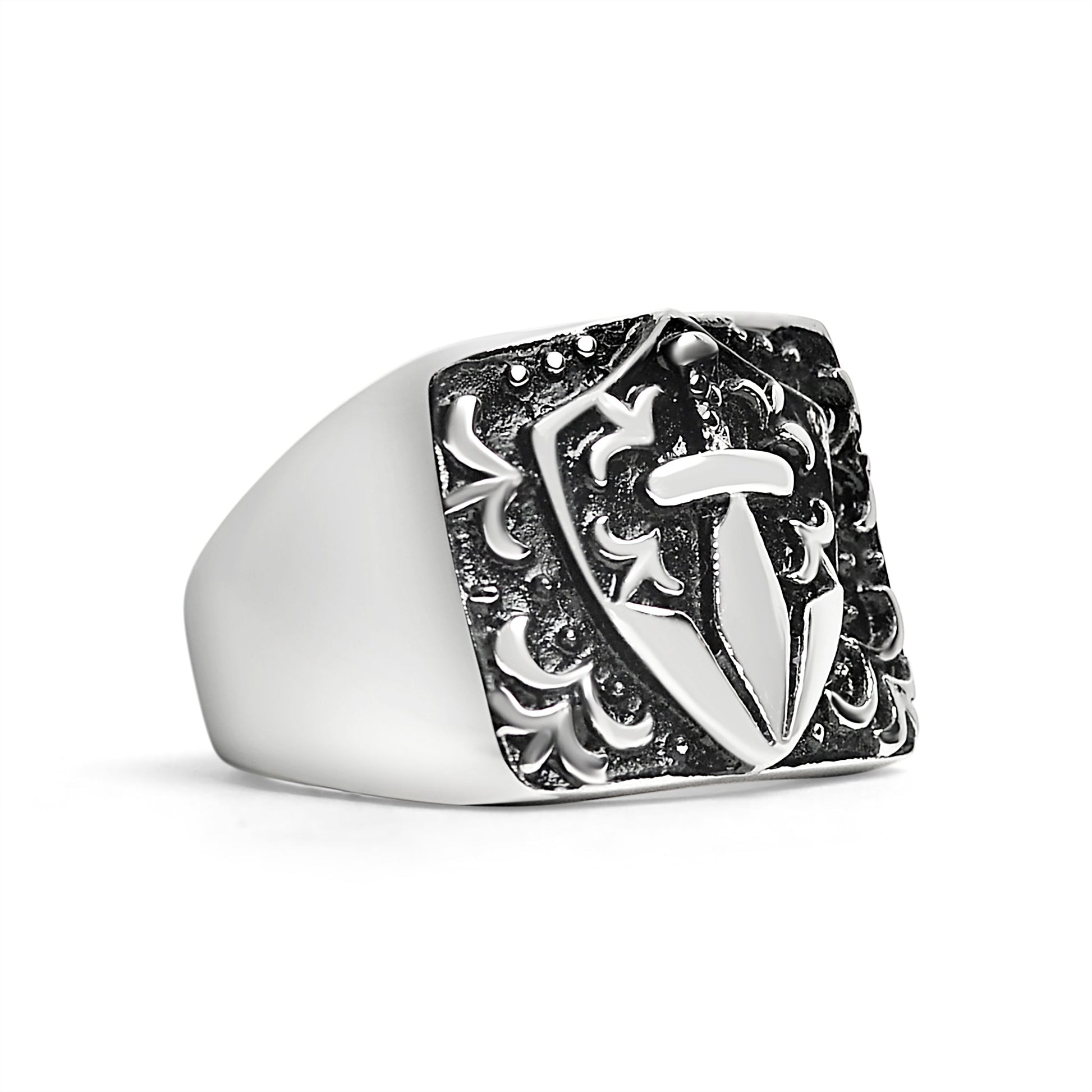 Stainless Steel Sword And Fleur De Lis Signet Ring / SCR2218