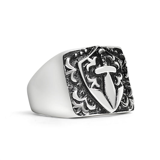 Stainless Steel Sword And Fleur De Lis Signet Ring / SCR2218