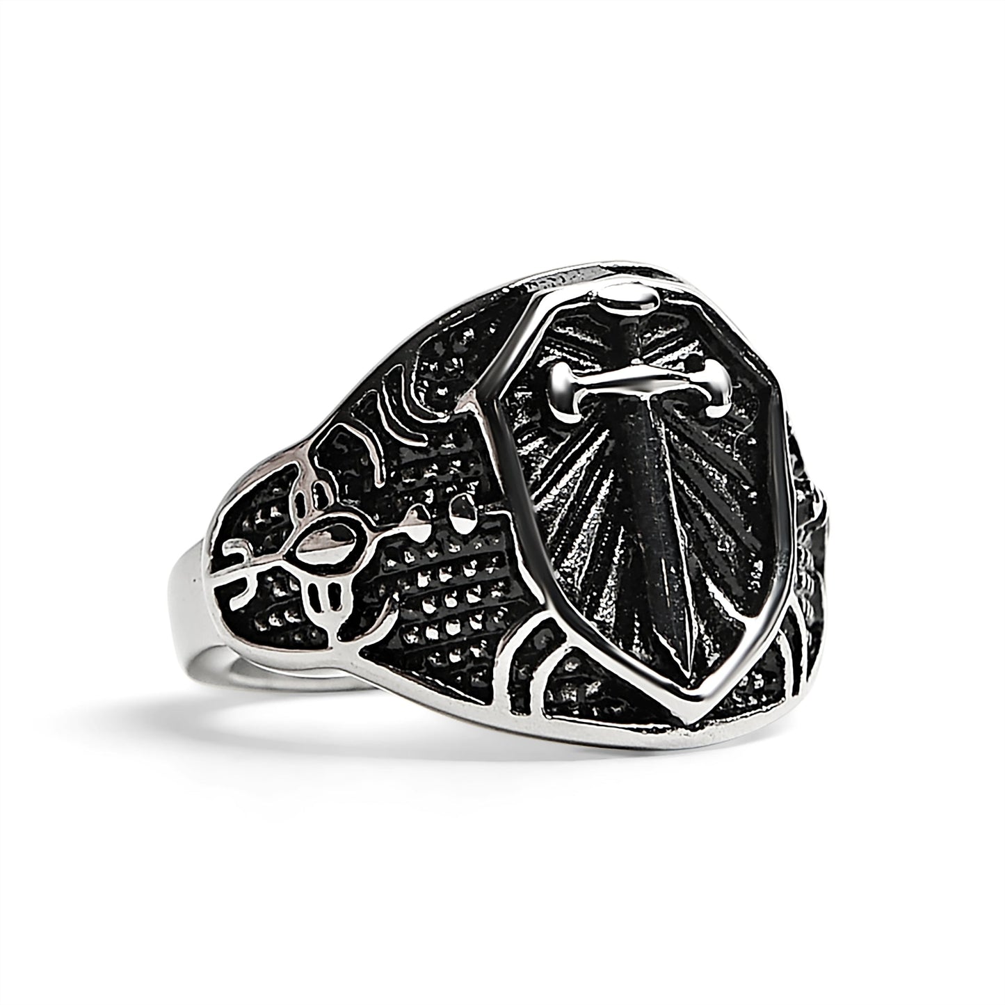 Stainless Steel Medieval Sword and Shield Signet Ring / SCR2221
