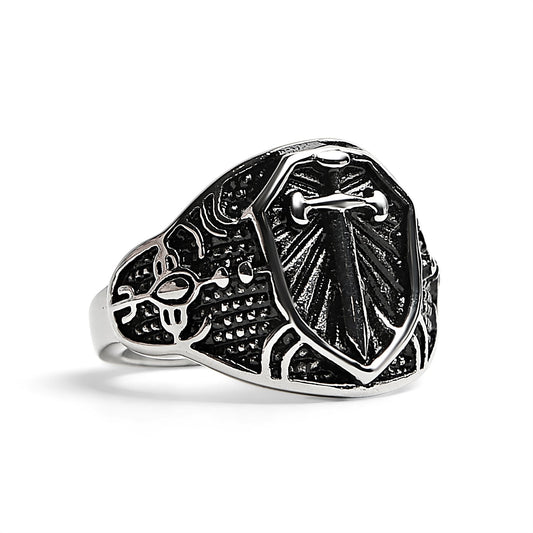 Stainless Steel Medieval Sword and Shield Signet Ring / SCR2221