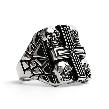 Stainless Steel Polished Multi Skull Cross Signet Ring / SCR3036
