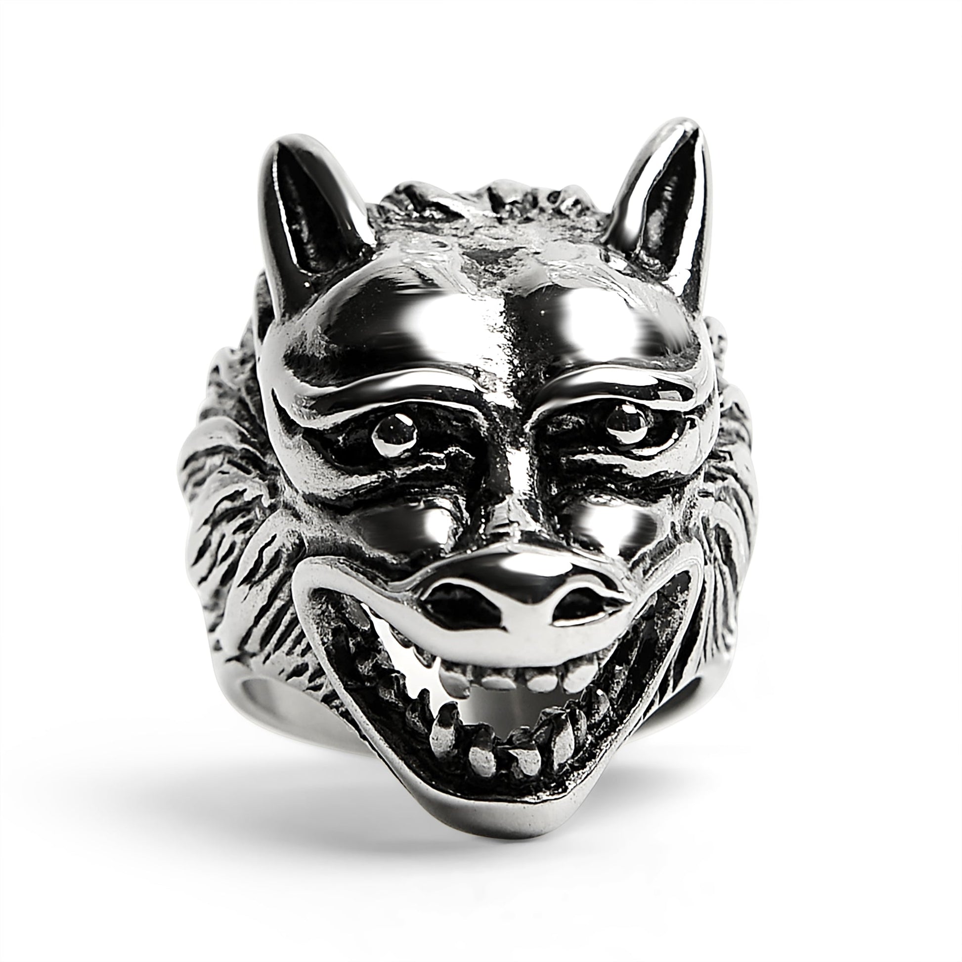 Stainless Steel Polished Snarling Wolf Ring / SCR3037