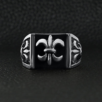 Stainless Steel Polished Black Fleur De Lis Signet Ring / SCR3040