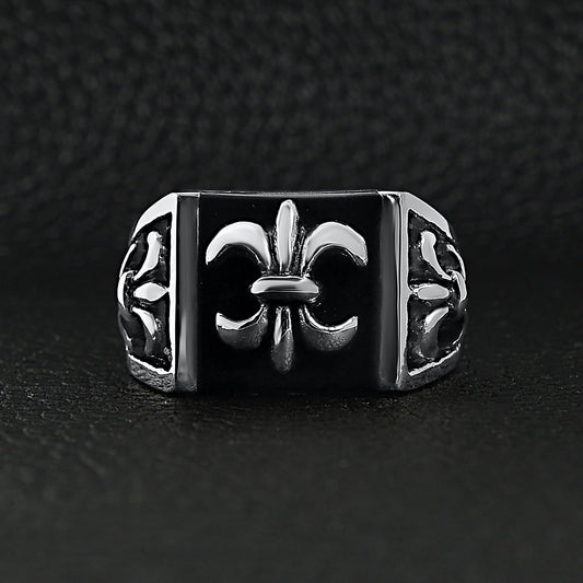 Stainless Steel Polished Black Fleur De Lis Signet Ring / SCR3040
