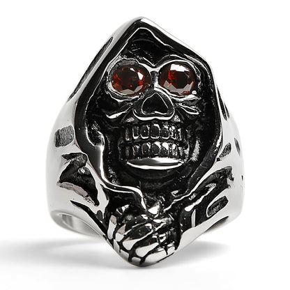 Stainless Steel Red CZ Eyed Grim Reaper Ring / SCR3054