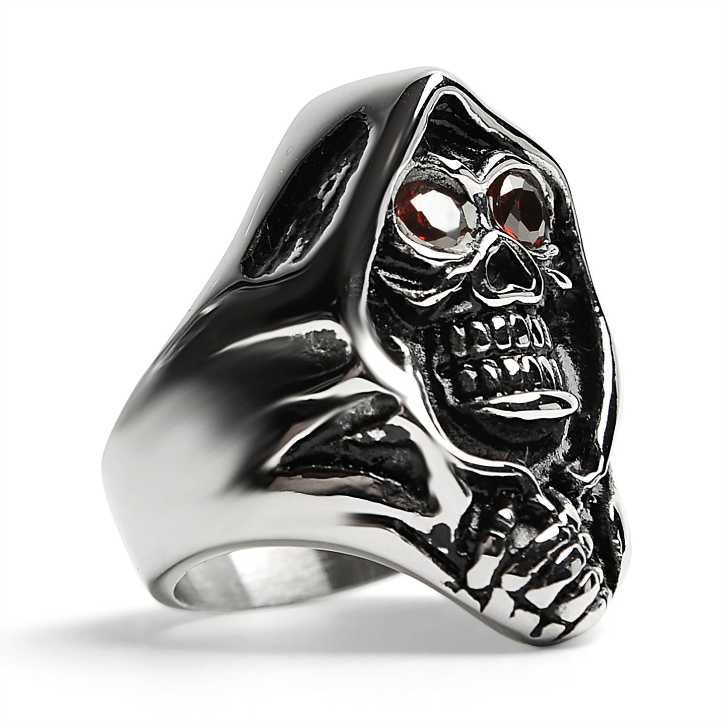 Stainless Steel Red CZ Eyed Grim Reaper Ring / SCR3054