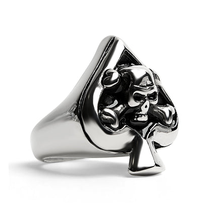 Stainless Steel Polished Skull of Spades Ace Signet Ring / SCR3070