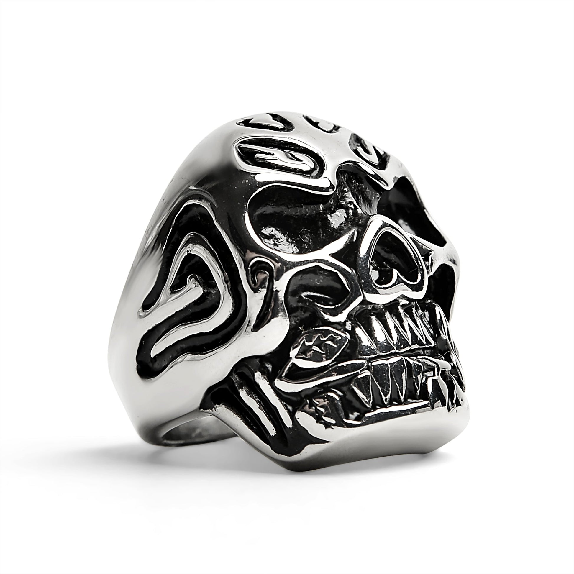 Stainless Steel Large Filigree Skull Biting Red CZ Rose Ring / SCR4000