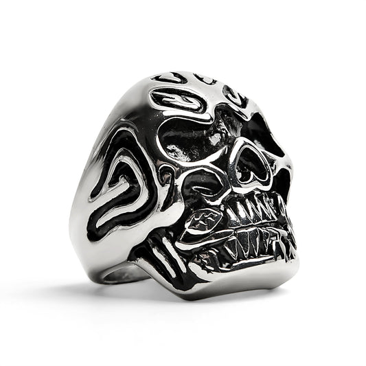 Stainless Steel Large Filigree Skull Biting Red CZ Rose Ring / SCR4000
