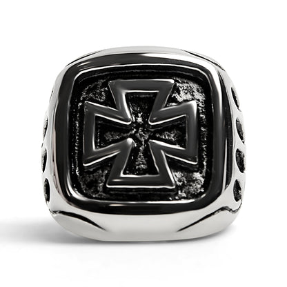 Stainless Steel Large Maltese Cross with Flame Accents Signet Ring / SCR4008