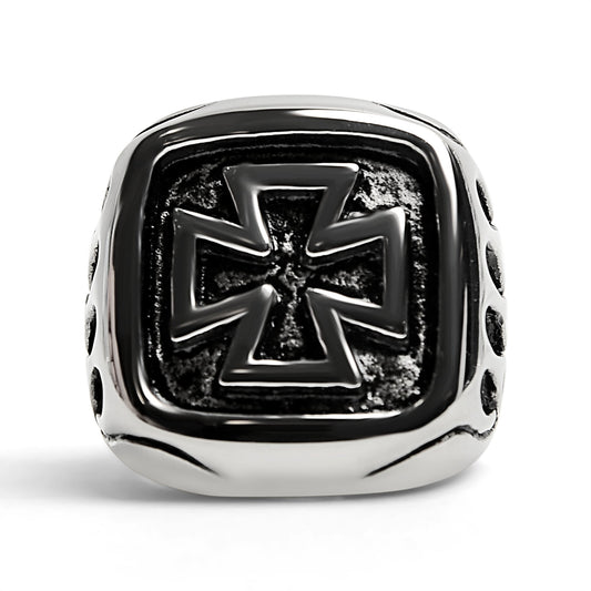 Stainless Steel Large Maltese Cross with Flame Accents Signet Ring / SCR4008